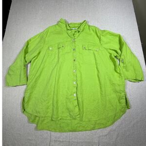 John Mark Womens 3X Green 100% Linen Button Front 3/4 Sleeve Shirt Plus Size